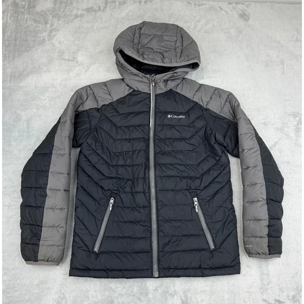 Columbia Kids Puffer Jacket OmniHeat  Large 14/16 Black Grey Hooded Quilted Coat